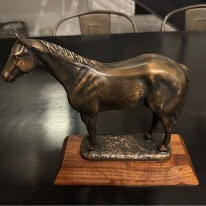 Bronze Horse Sculpture on Wooden Base